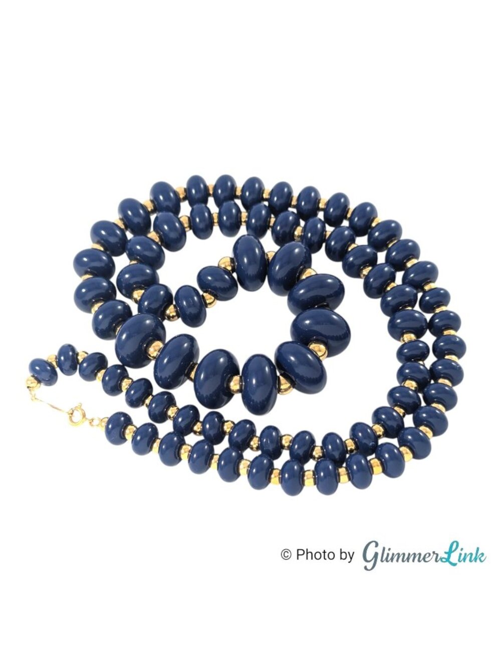 Vintage Napier Navy Blue Lucite Bead Necklace Gold Tone 31"